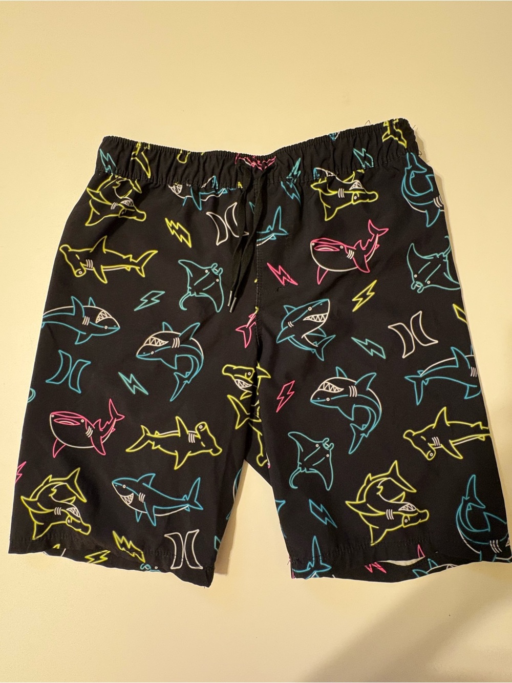 Hurley Black Swim Shorts with Neon Yellow Shark Outline